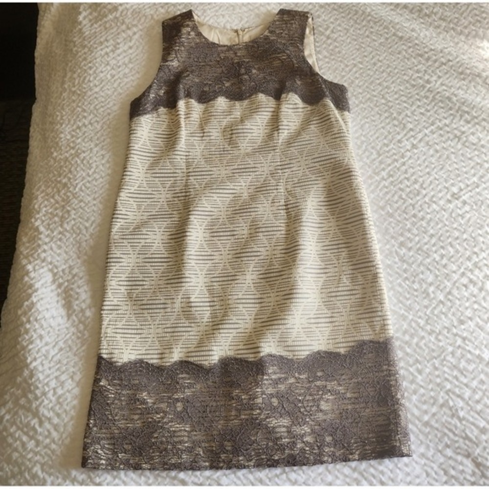 Ann Taylor‎ LOFT Elegant Cream and Gray Lace Dress Size 10P Excellent Condition